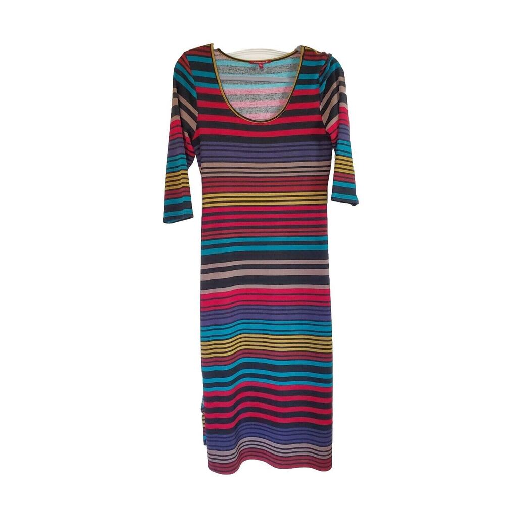 Vintage 80s Colorful Striped Bodycon Belted Midi Dress by Silvergate, Size Large